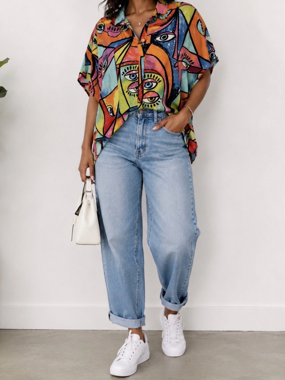 Live 4 Truth Colorful Abstract Print Short Sleeve Button-Up Blouse 2XL